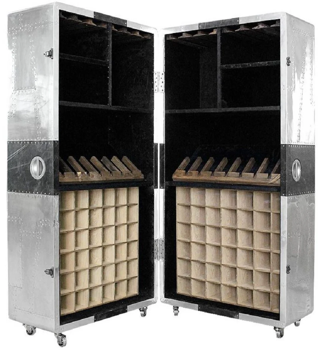 Casa Padrino armario de vino de lujo en dise?o de maleta plata / negro 86 x 80 x A. 177 cm - Armario bar de aluminio - Armario maleta - Mueble avi¨®n - Mueble aviador - Mueble aluminio bar de lujo