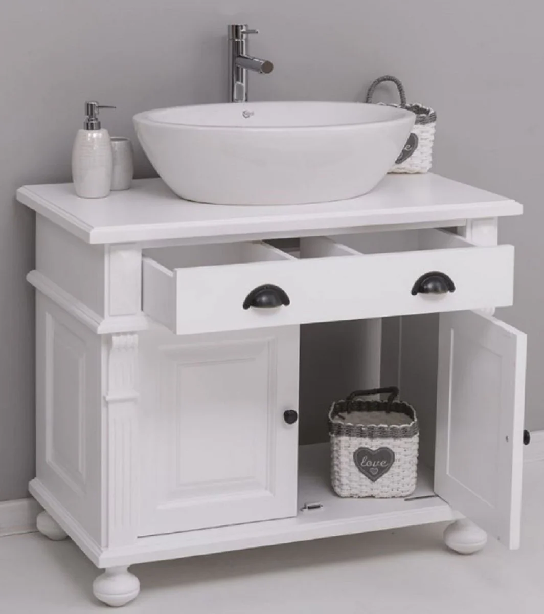 Casa Padrino Conjunto de Baño estilo Campestre Blanco - 1 Mesa de Baño & 1 Lavabo Ovalado de Cerámica - Muebles de Baño estilo Campestre - Estilo Campestre Muebles de Baño