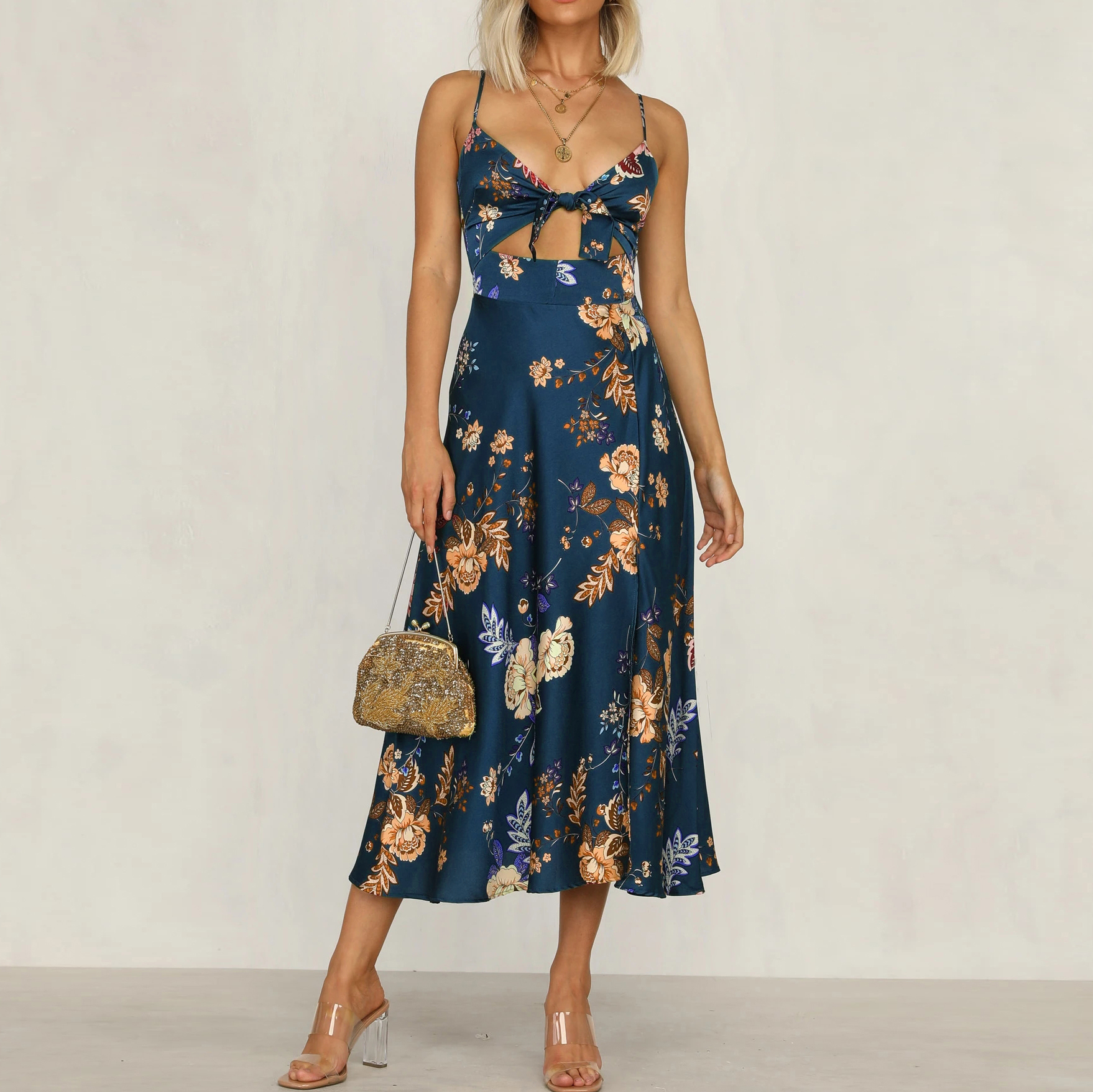 Fashion Temperament Printed Knotted Sling Dress