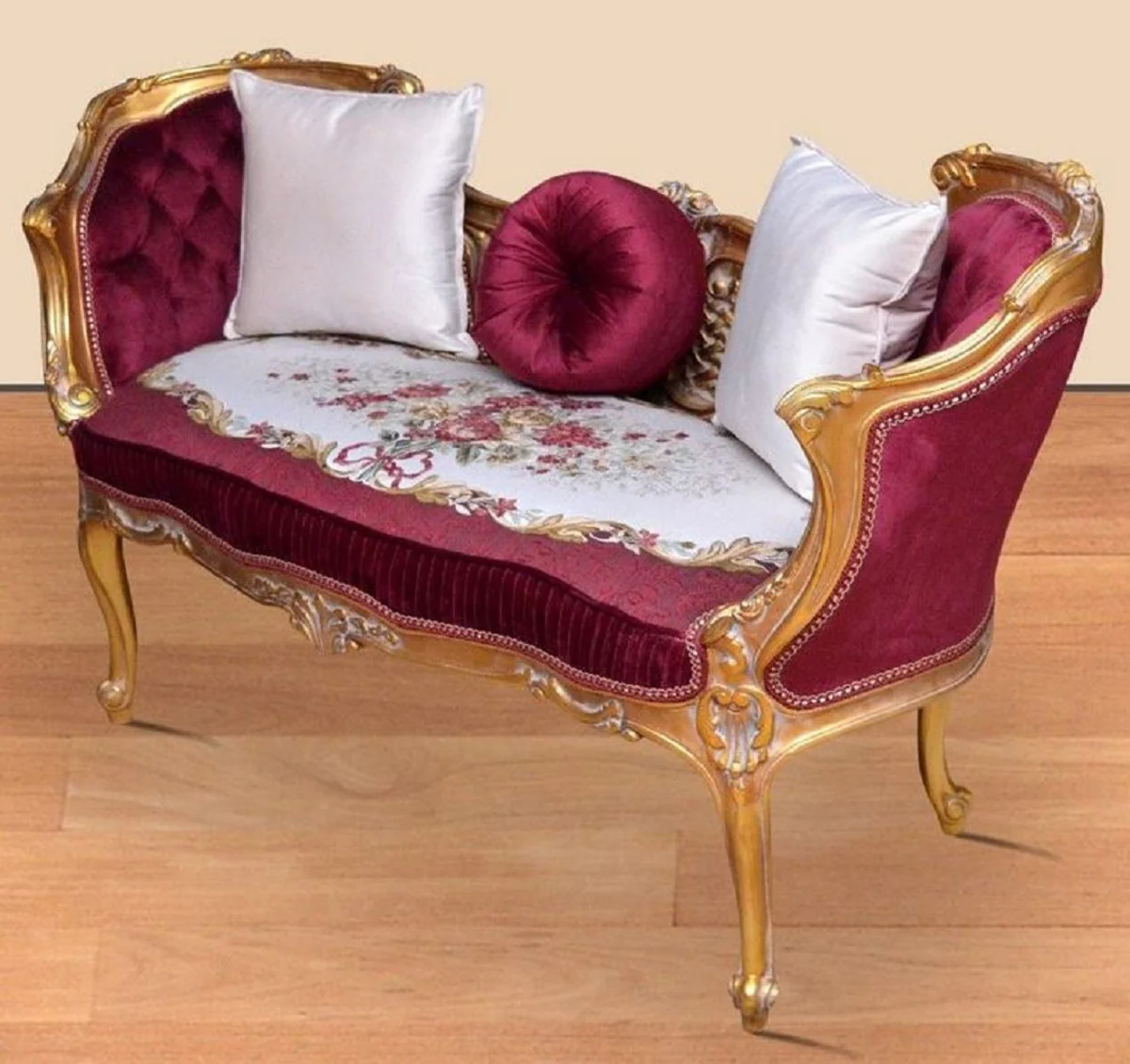 Casa Padrino banco barroco púrpura / blanco / oro 150 x 55 x A. 80 cm - Magnífico banco de madera maciza con patrón floral noble - Muebles de estilo barroco