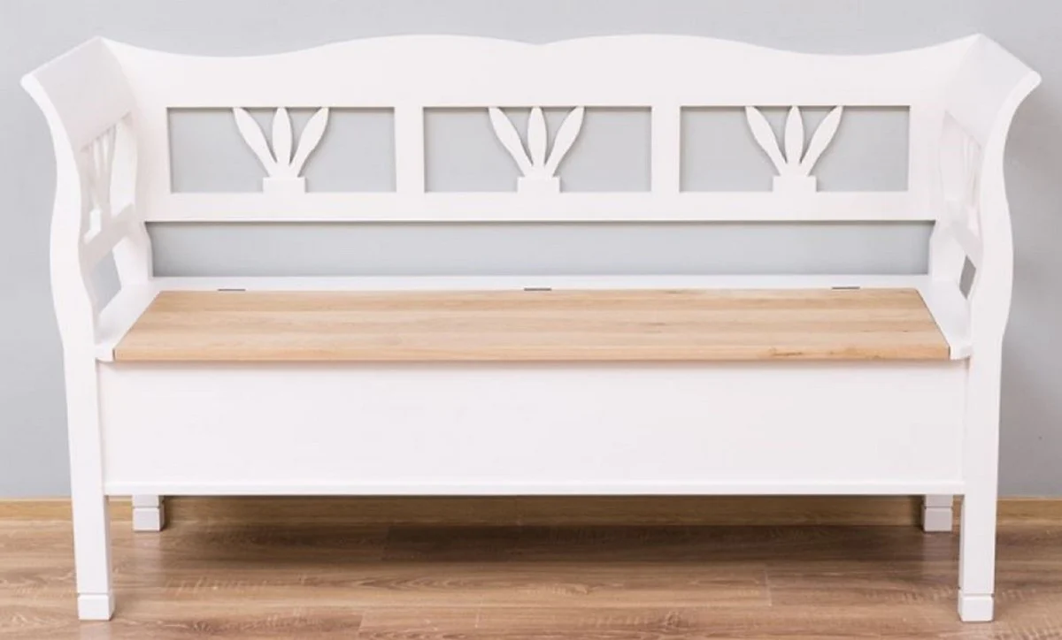 Casa Padrino banco de estilo campestre blanco / natural 163 x 48 x A. 92 cm - Banco de madera maciza con espacio de almacenamiento - Muebles de madera maciza - Muebles de estilo campestre