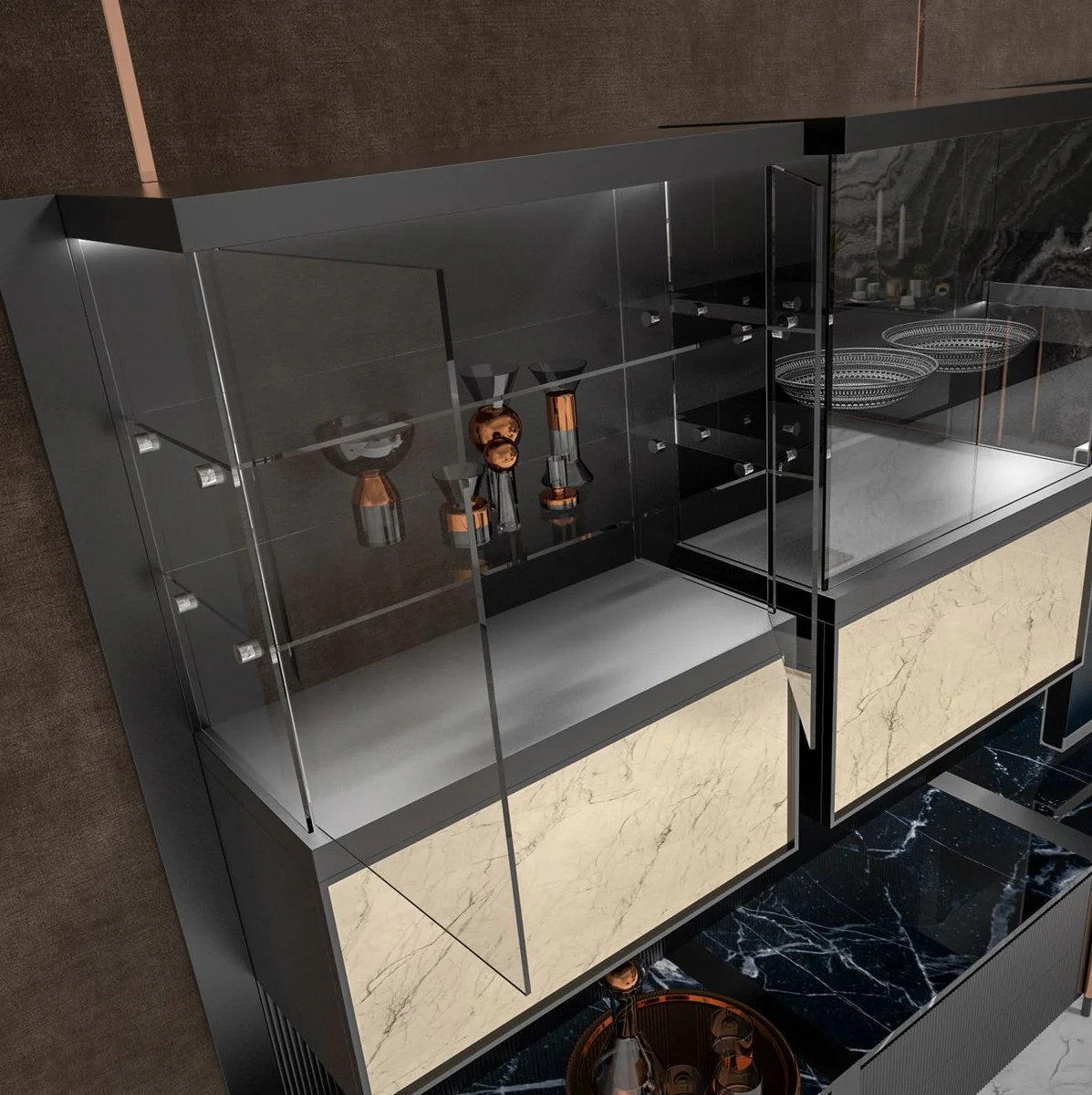 Casa Padrino armario de TV de lujo negro mate / negro / cobre 452 x 47 x A. 202 cm - Armario de sal¨®n con iluminaci¨®n LED - Muebles de sal¨®n - Muebles de hotel - Muebles de lujo