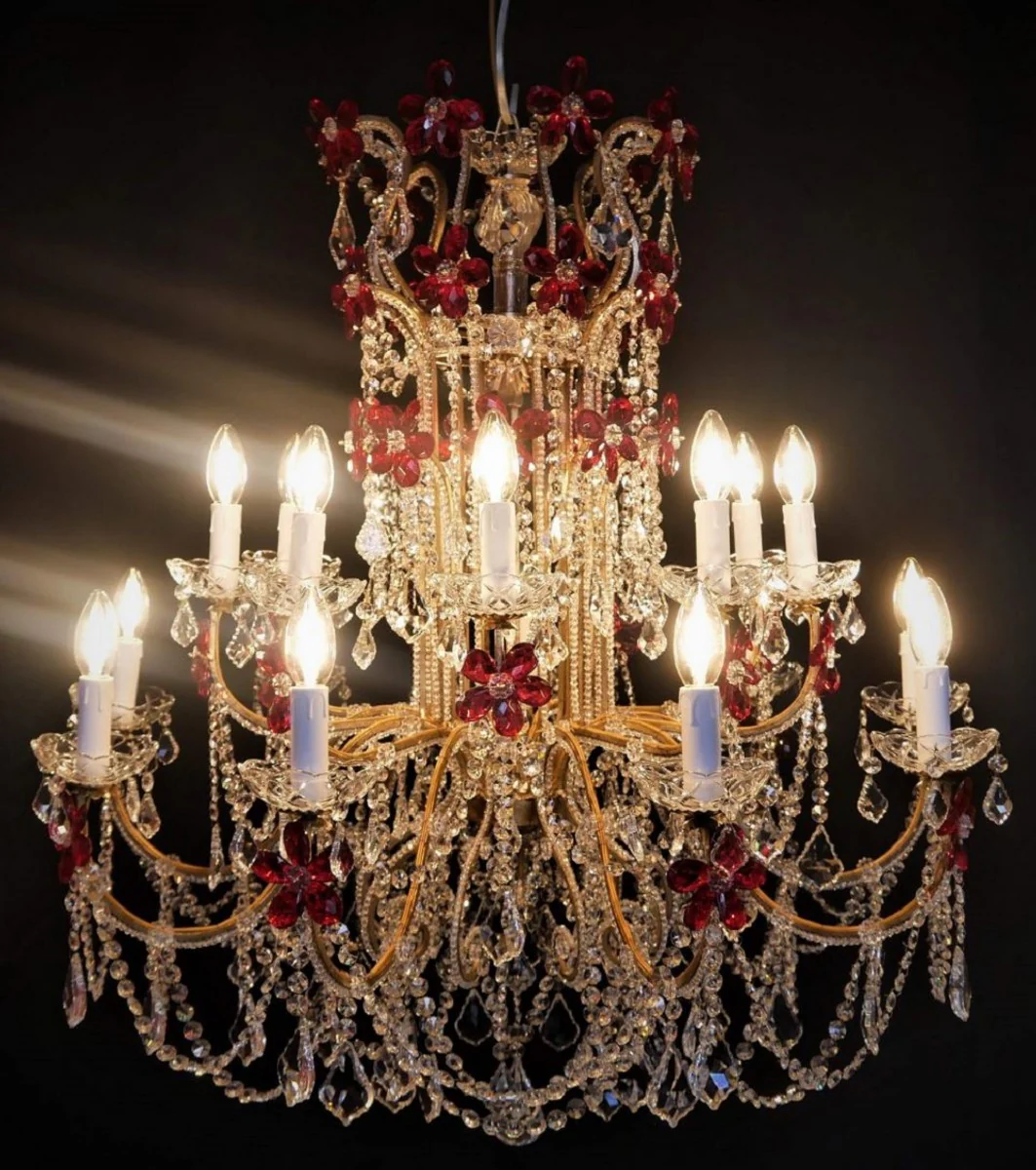 Casa Padrino araña de luces de cristal barroco de lujo rojo / oro Ø 90 x A. 100 cm - Lámpara de Araña de Hotel y Restaurante - Noble y Magnífico - Calidad de Lujo - Hecho en Italia