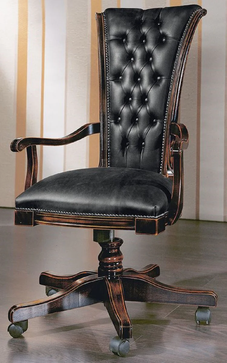 Casa Padrino silla de oficina Chesterfield de lujo negro vintage / marr¨®n oscuro 64 x 49 x A. 107-117 cm - Silla de escritorio ajustable en altura con piel genuina - Muebles Chesterfield Oficina