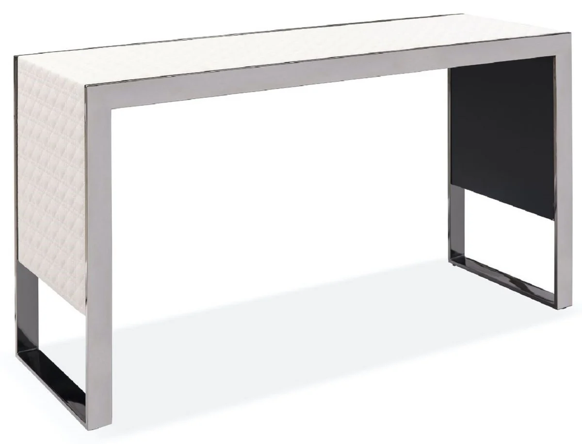 Casa Padrino consola de lujo crema / plata 120 x 40 x A. 64 cm - Consola rectangular de acero inoxidable con cuero genuina estampado - Muebles de Lujo