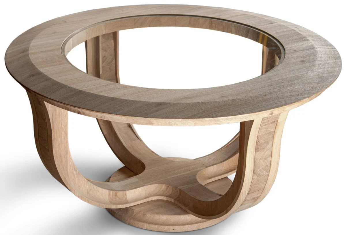 Casa Padrino mesa de centro de lujo de madera maciza natural ? 73 x A. 43 cm - Mesa de sal¨®n redonda de madera de roble con tapa de vidrio - Muebles de sal¨®n de madera maciza