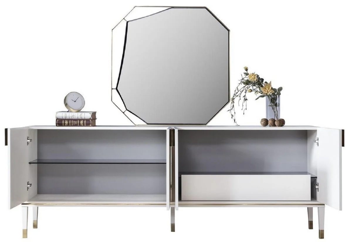 Casa Padrino conjunto de muebles de lujo blanco / oro - 1 Aparador con 4 Puertas y 1 Espejo - Muebles modernos de madera maciza - Colección de Lujo