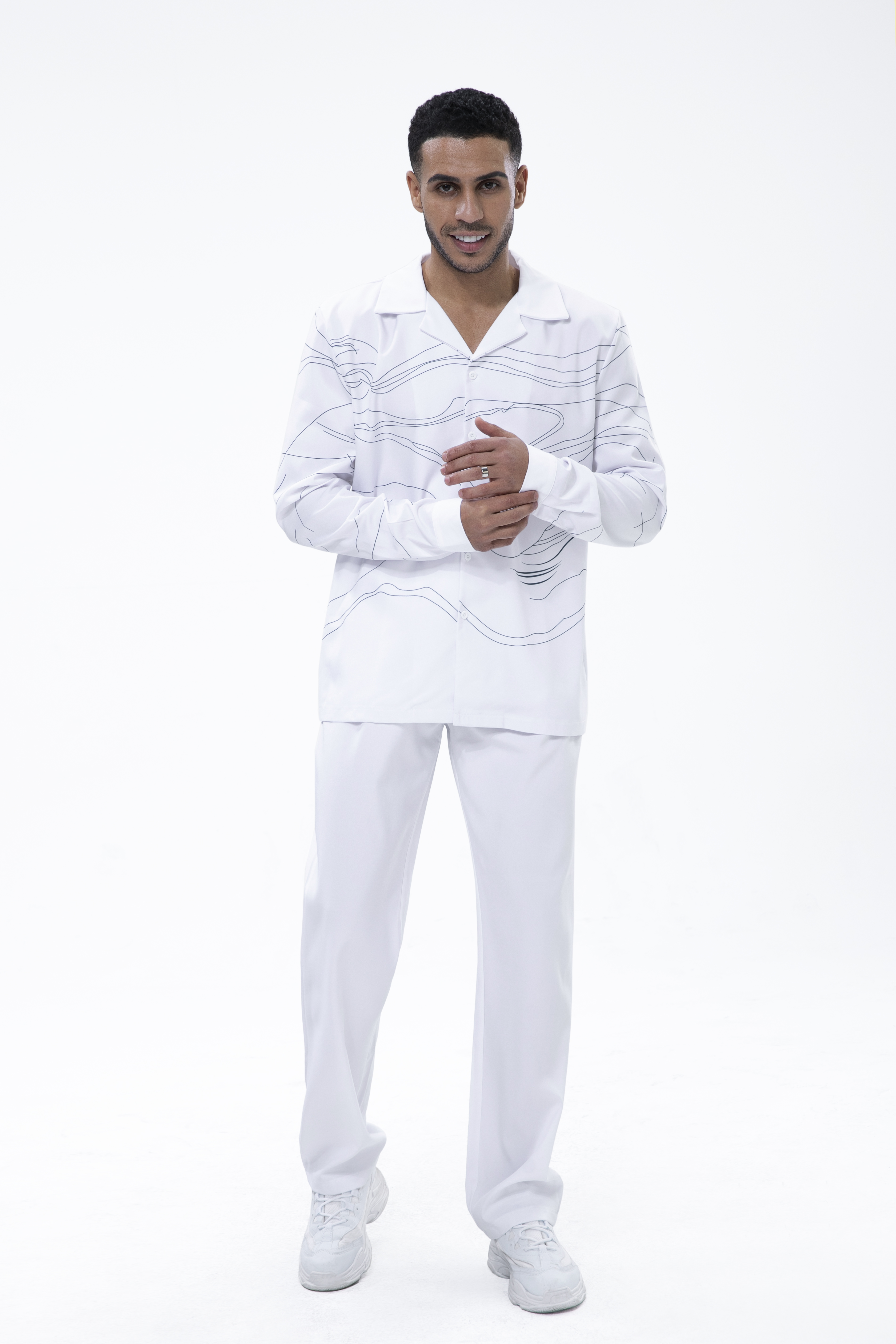 Suitmens White Art Two-Piece Long Sleeve Print Walking Pants