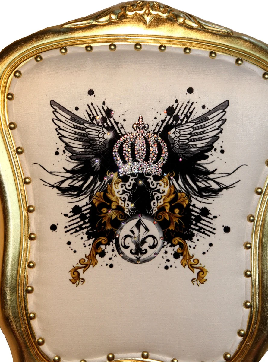 Pomp??s by Casa Padrino Luxury - Silla de comedor barroca Leopard / White / Gold Glitter - Crown & Angel Wing - Pomp??ser Baroque Chair, dise?ada por Harald Gl??ckler