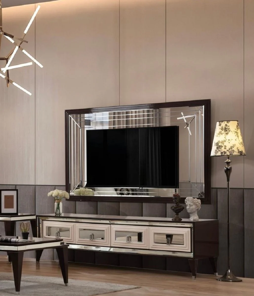 Casa Padrino conjunto de TV de lujo marr¨®n oscuro / crema / plata - Aparador de sal¨®n con espejo y pared trasera de TV - Muebles de sal¨®n - Muebles de lujo - Interiores de lujo
