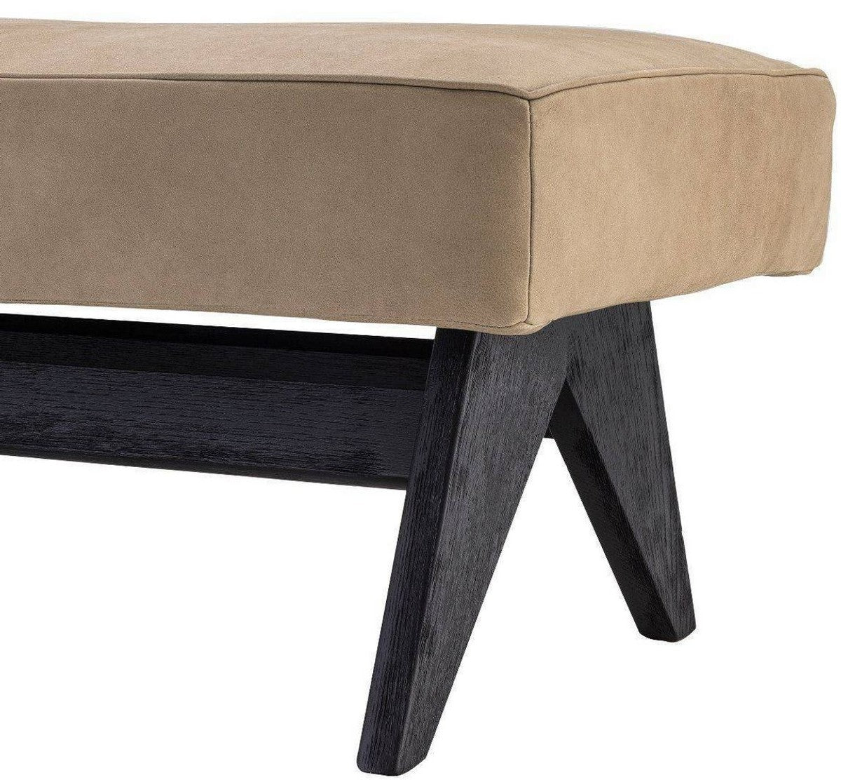 Casa Padrino banco de piel genuina de lujo beige / negro 164 x 54 x A. 44 cm - Banco de madera maciza tapizado con cuero de búfalo nobuck fino - Muebles de Lujo