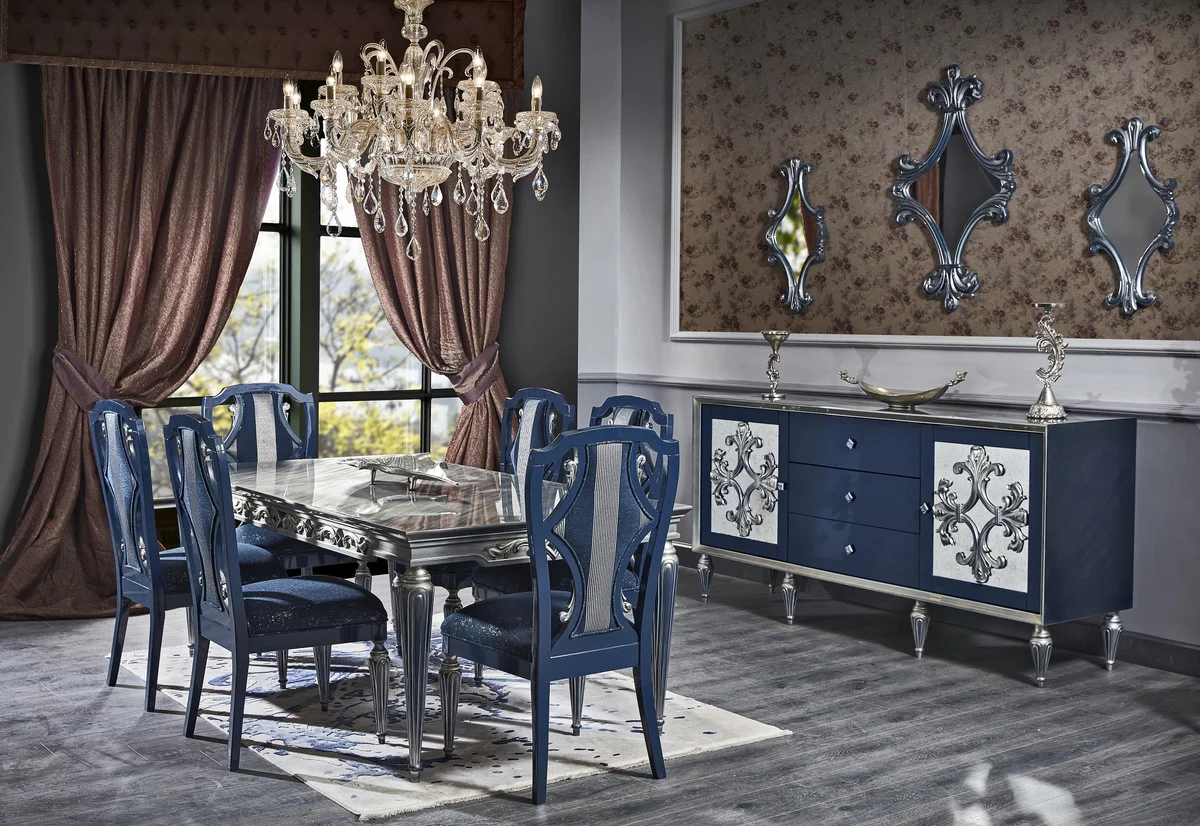 Casa Padrino conjunto de comedor barroco de lujo azul / plata - Mesa de Comedor y 6 Sillas de Comedor - Muebles de Comedor Barrocos