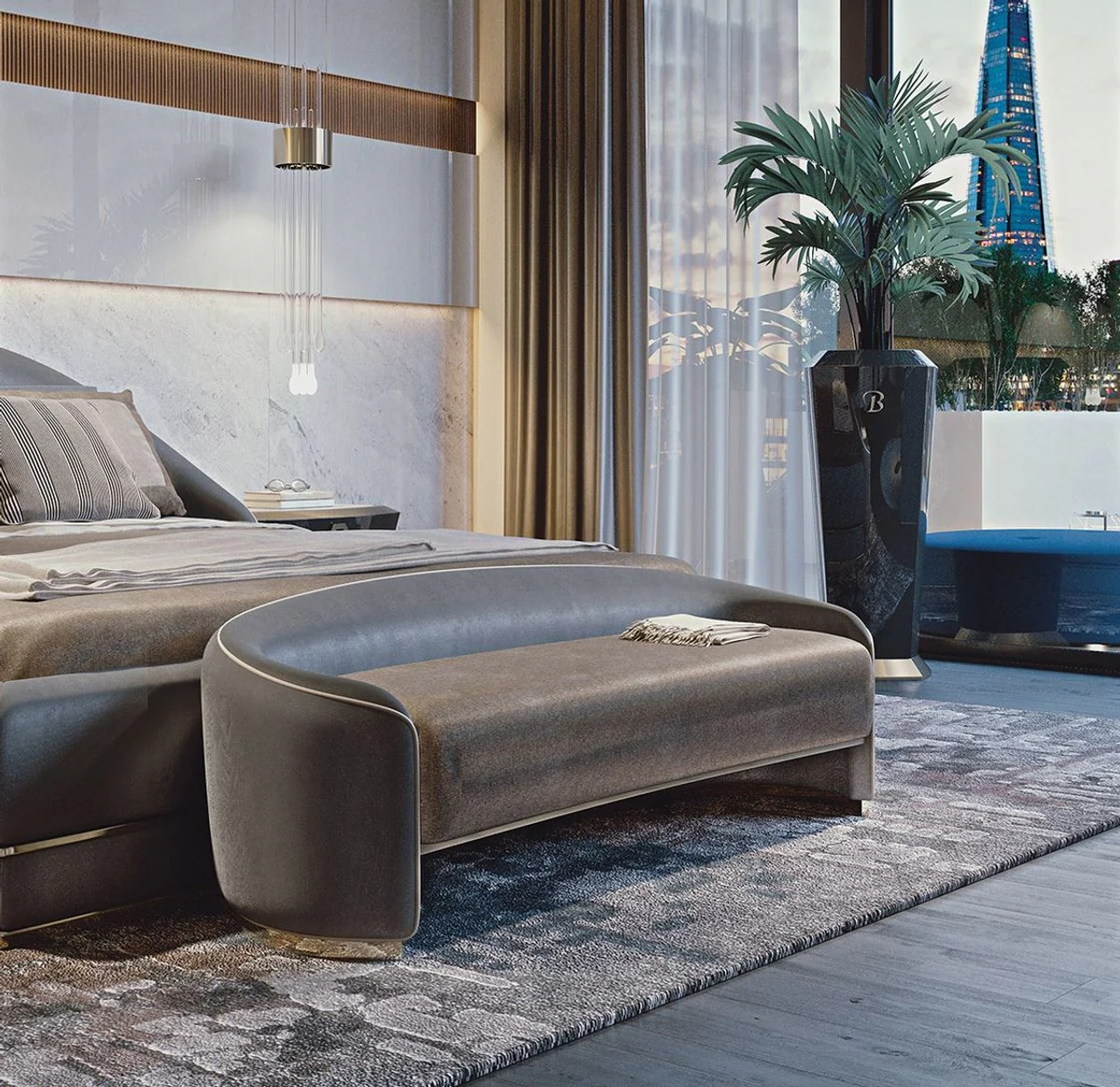 Casa Padrino banco de hotel de lujo gris / marrón / oro 128 x 45 x A. 40 cm - Mobiliario de Hotel - Calidad de Lujo - Hecho en Italia