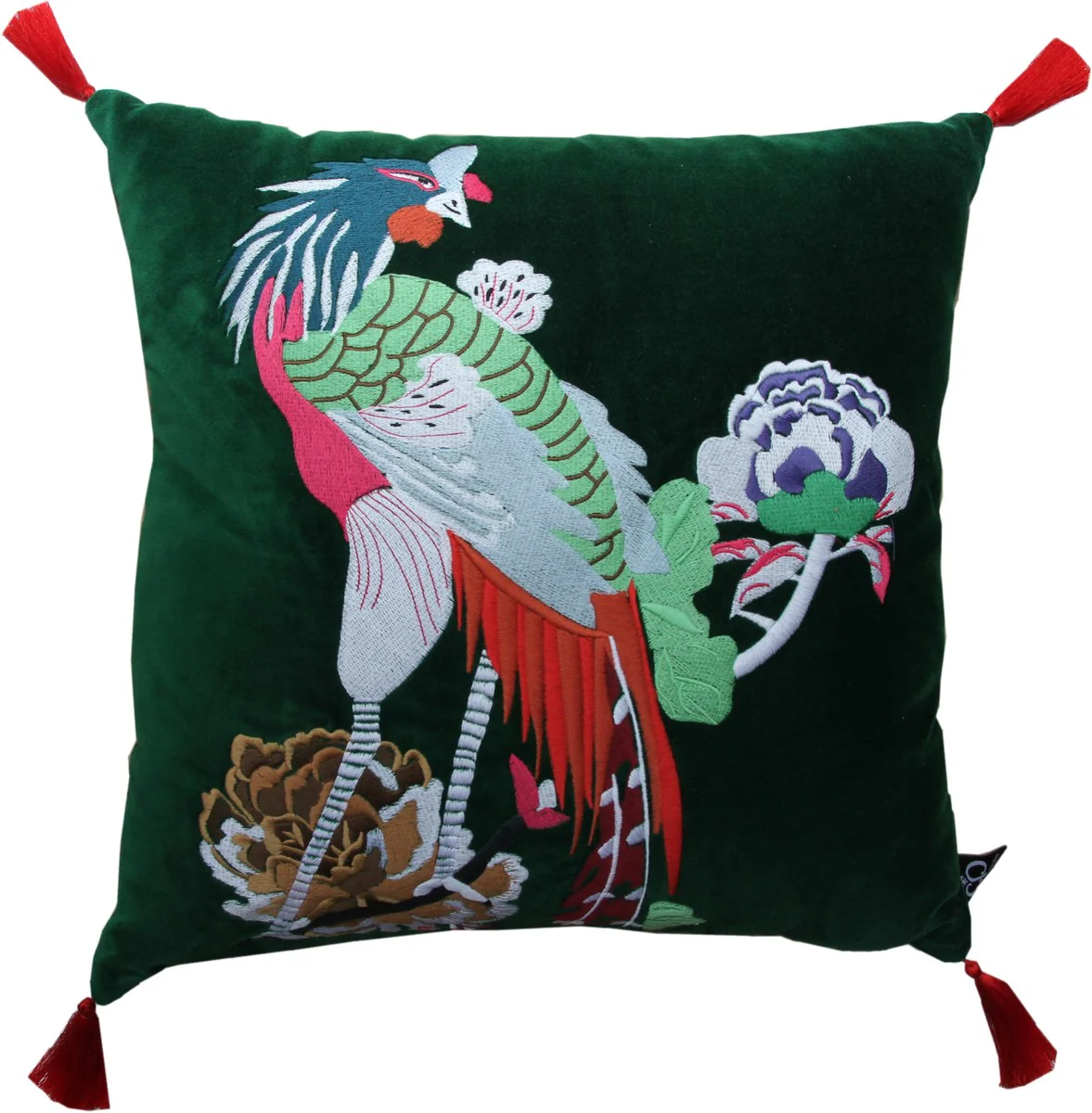 Coj¨ªn decorativo de lujo Casa Padrino con borlas Bird Green / Red 45 x 45 cm - la mejor tela de terciopelo - accesorios de decoraci¨®n de lujo