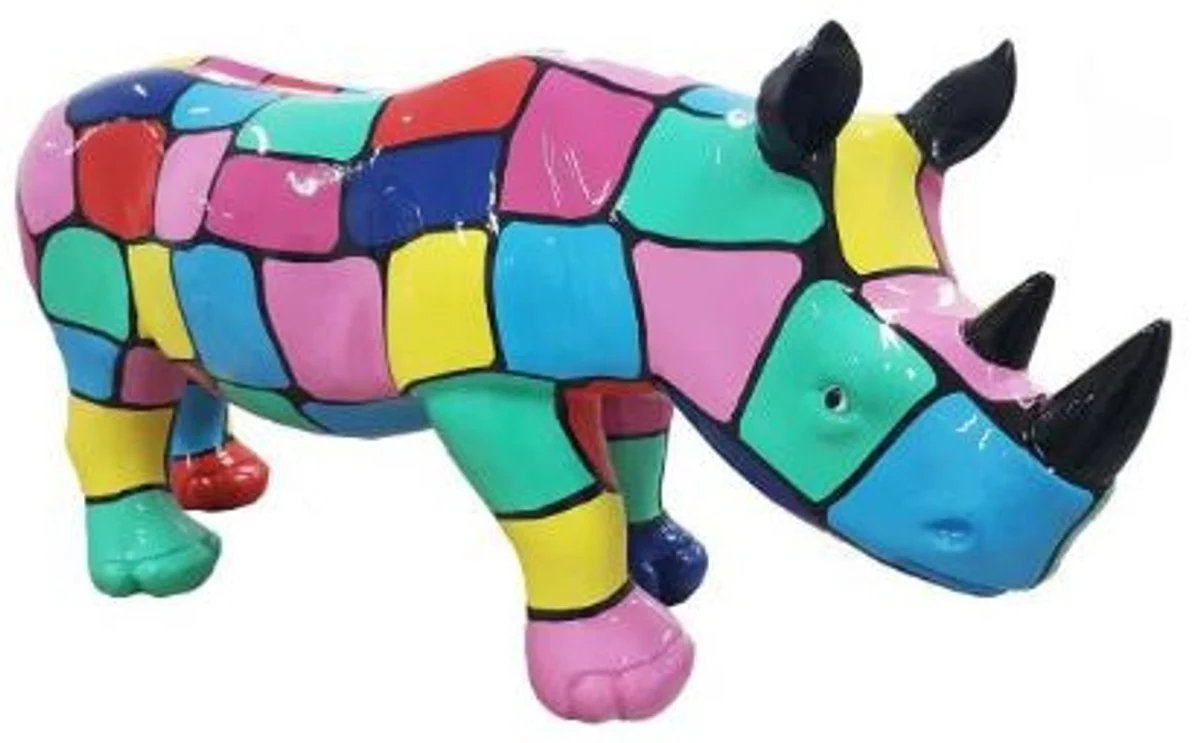 Casa Padrino figura decorativa de diseñador rinoceronte colorido 75 x A. 35 cm - Escultura de decoración de sala de estar - Escultura de decoración de jardín - Figura de animal resistente a la intemperie