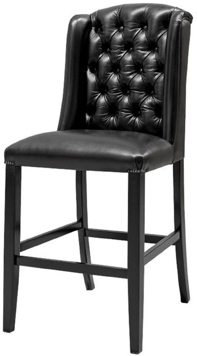 Casa Padrino silla de bar Chesterfield de lujo de cuero genuina negro 75 x 65 x A. 106 cm - Taburete de bar de madera maciza con cuero de b¨²falo - Muebles de Bar Chesterfield