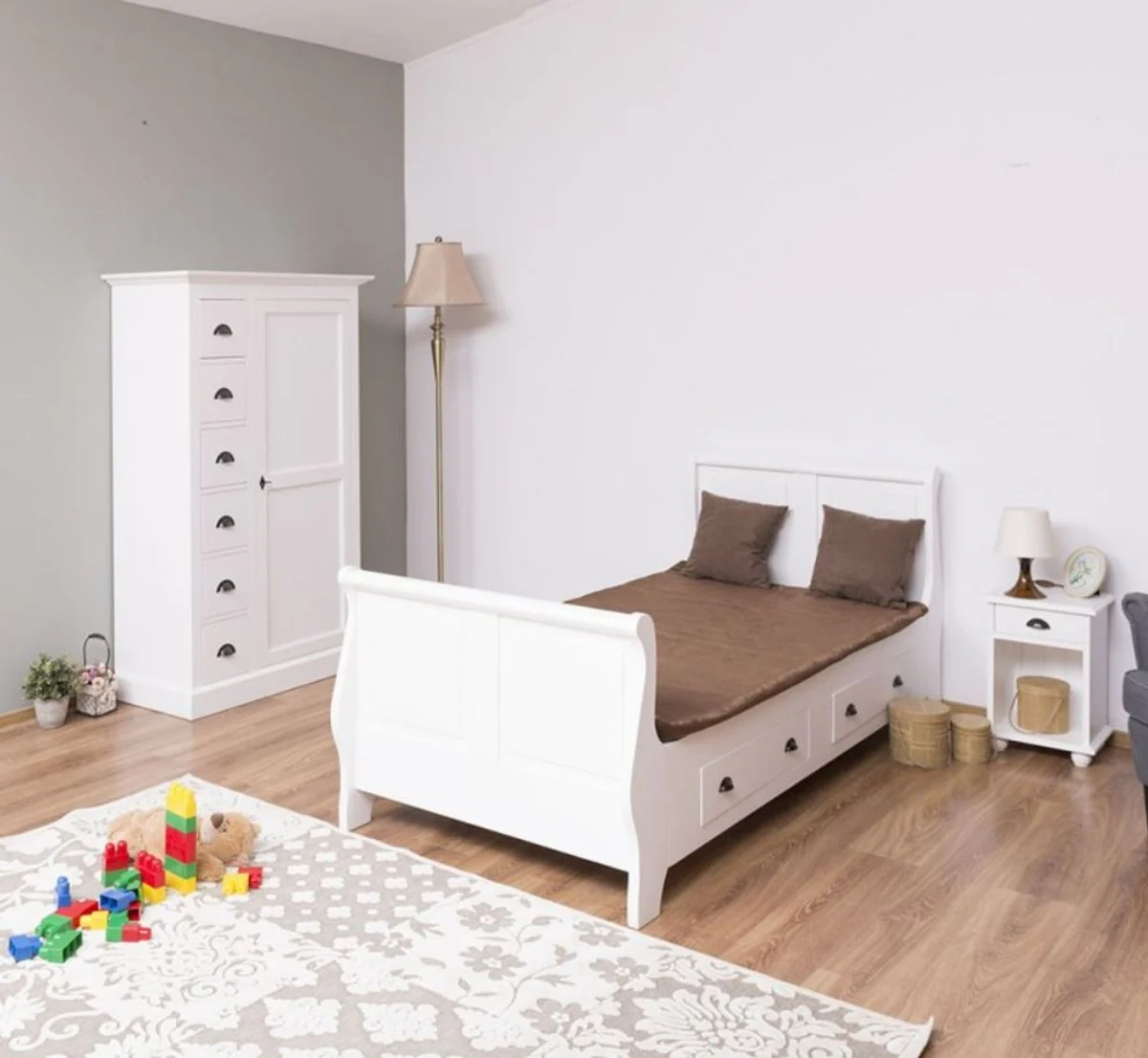 Casa Padrino conjunto de muebles para habitación infantil de madera maciza de estilo campestre blanco - 1 Cama Individual y 1 Guardarropa y 1 Mesita de Noche - Muebles estilo campestre