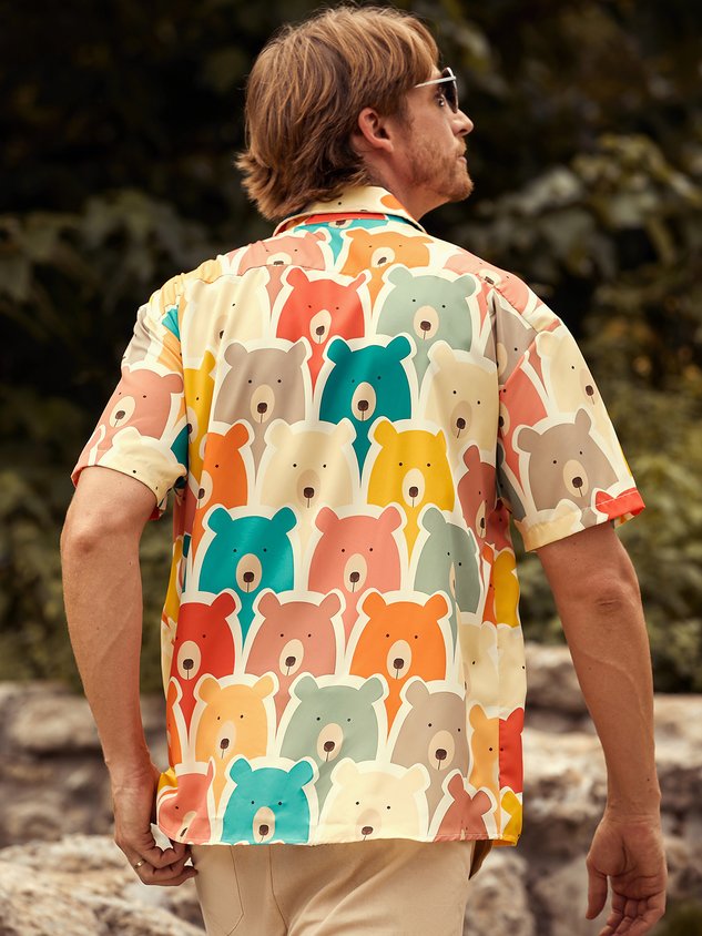 Little Bear Chest Pocket Short Sleeve Casual Shirt