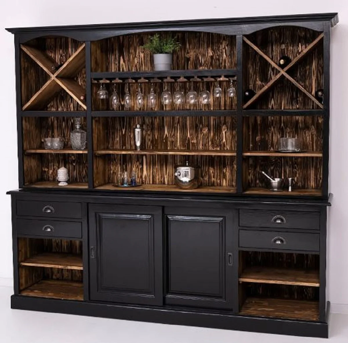 Casa Padrino gabinete bar de estilo campestre negro / marr¨®n oscuro 240 x 50 x A. 210 cm - Gabinete bar de madera maciza de estilo campestre - Mueble bar estilo campestre