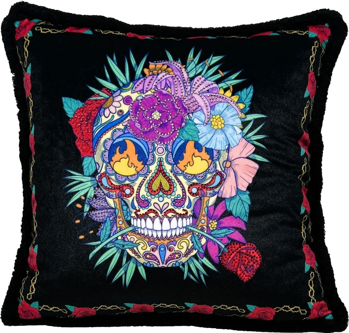 Frida Kahlo de Casa Padrino cojín decorativo de lujo con pedrería negro / colorido