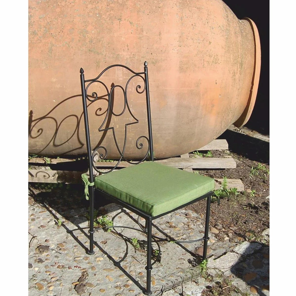 Casa Padrino silla de jard¨ªn Art Nouveau de lujo de hierro forjado con coj¨ªn de asiento negro / verde A. 105 cm