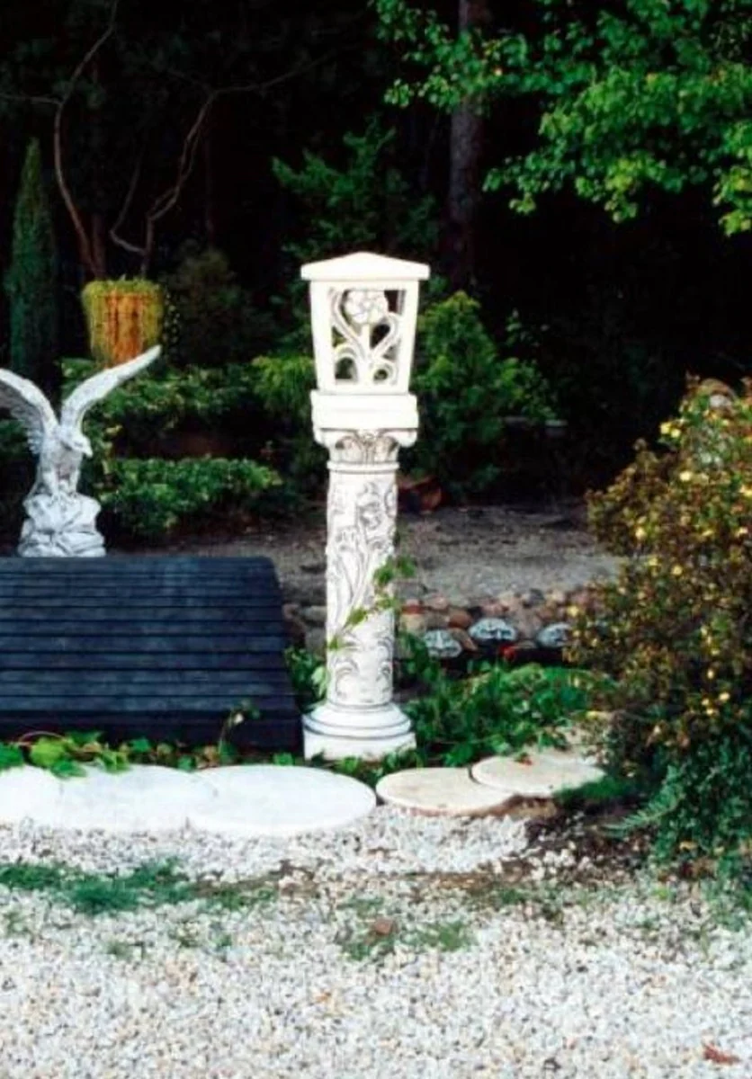 Casa Padrino farol de piedra de jardín barroco con pilar blanco 34 x 34 x A. 148 cm - Lámpara de piedra de jardín y terraza - Iluminación de jardín y terraza en estilo barroco - Muebles barrocos