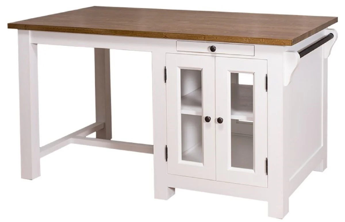 Casa Padrino isla de cocina de estilo campestre con 4 puertas de vidrio y 2 cajones blanco / marr¨®n oscuro 150 x 85 x H. 80 cm - Muebles de Cocina de Estilo Campestre