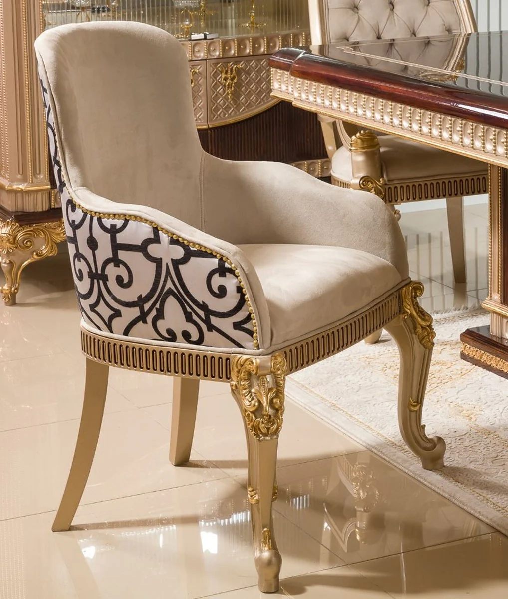 Casa Padrino silla de comedor barroco de lujo con reposabrazos gris / blanco / negro / oro A. 94 cm