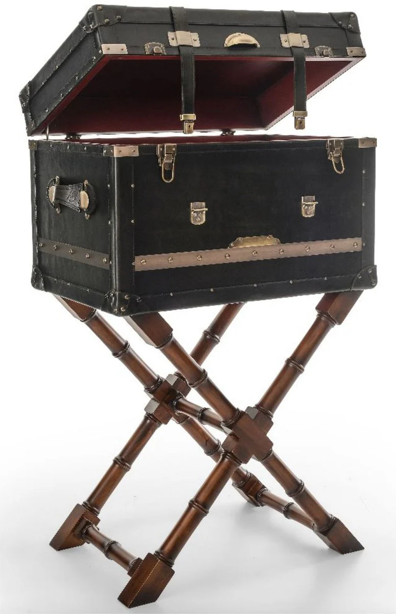 Casa Padrino minibar de cuero de lujo con aspecto de maleta negro / marr¨®n / lat¨®n 62 x 42 x A. 99 cm - Minibar con cuero genuino - Muebles de bar - Muebles de lujo aspecto de maleta