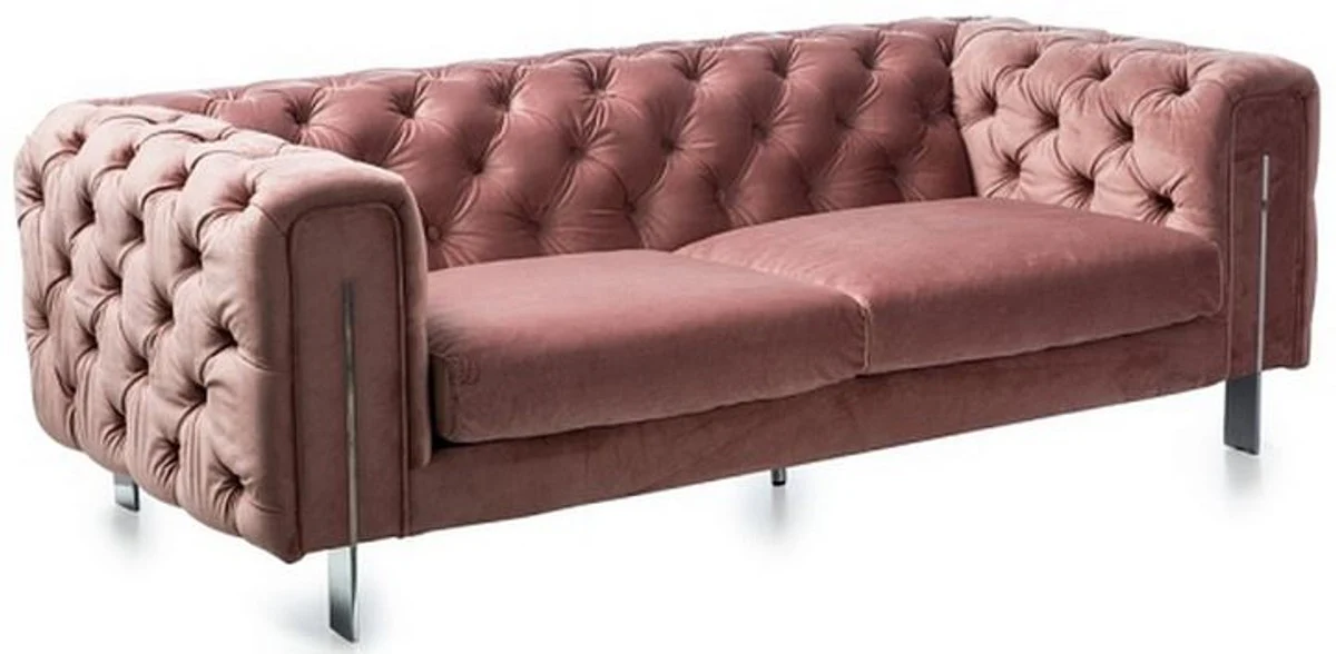 Casa Padrino sof¨¢ de terciopelo Chesterfield de lujo rosa vintage / plata 200 x 100 x A. 68 cm - Muebles de Sala Chesterfield