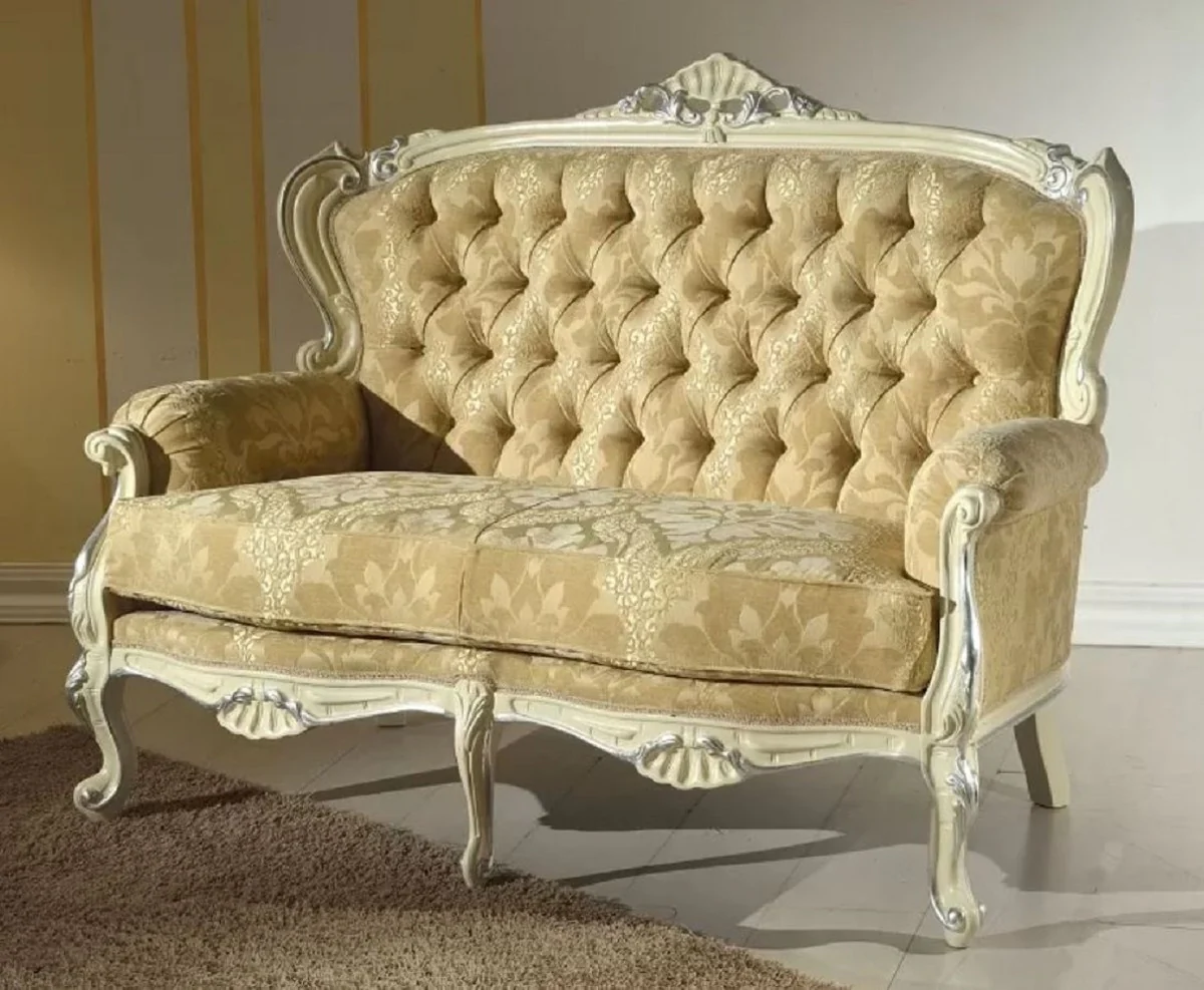 Casa Padrino sof¨¢ barroco de lujo oro / crema / plata - Noble sof¨¢ de sal¨®n con patr¨®n elegante - Muebles Barrocos - Calidad de Lujo - Hecho en Italia