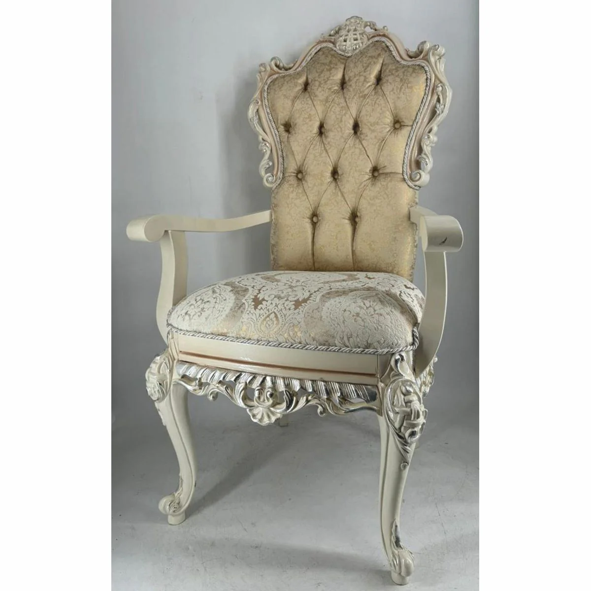 Casa Padrino silla de comedor barroco de lujo con reposabrazos oro / crema / blanco / plata - Muebles barroco