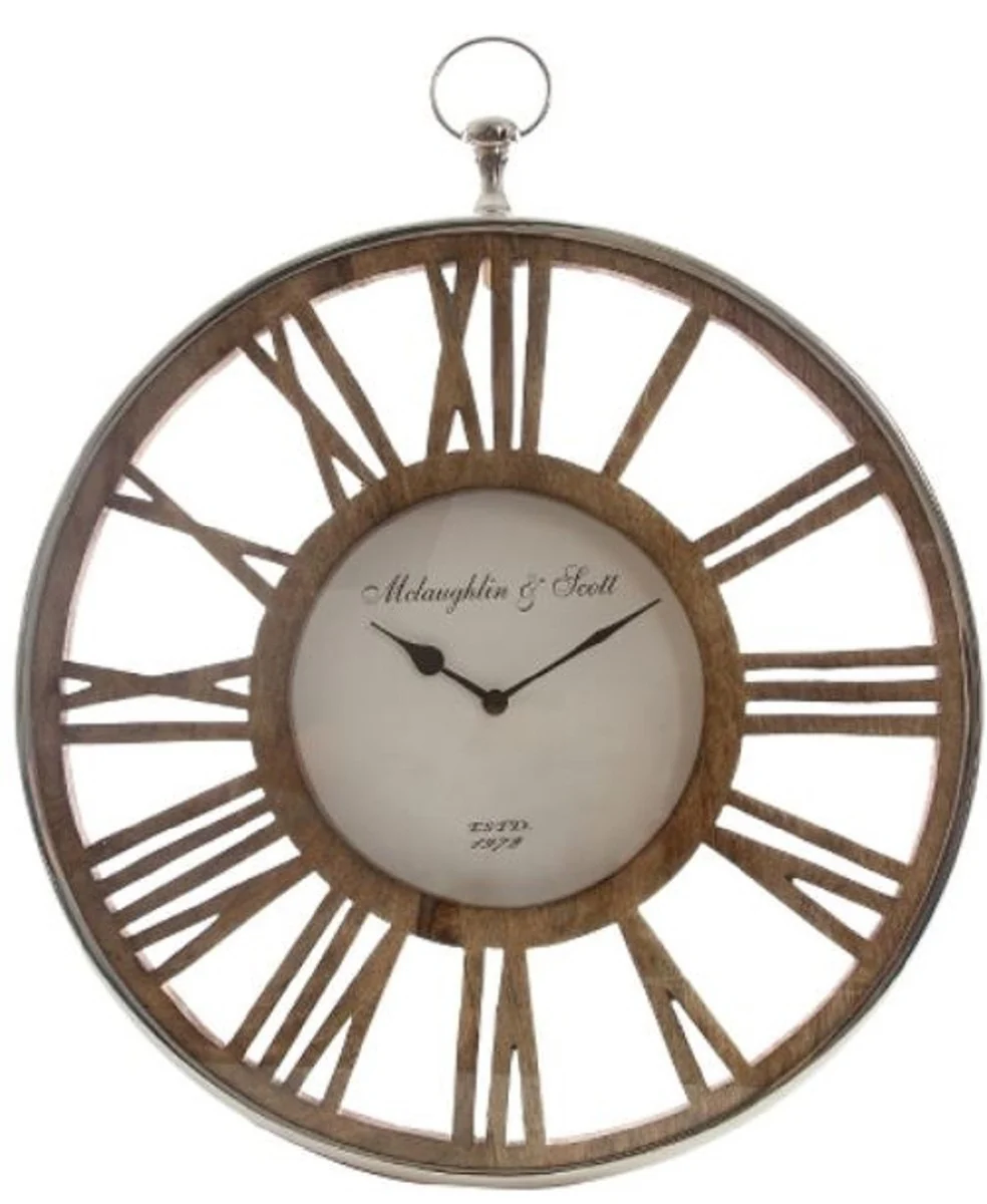Casa Padrino reloj de pared de lujo en el diseño de un antiguo reloj de bolsillo plata / natural de Ø 50 cm - Reloj Redondo Decorativo con una Esfera de Reloj de Madera sin Tratar