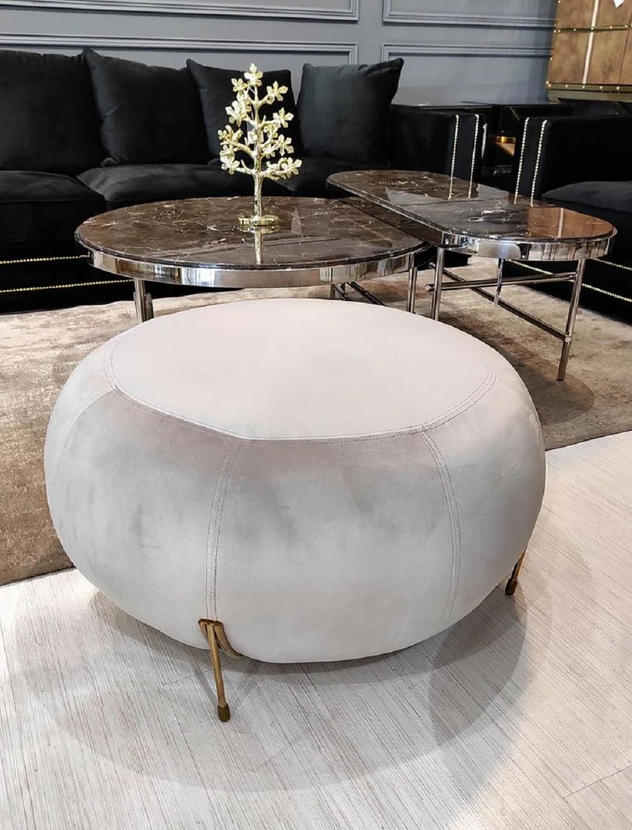 Casa Padrino taburete redondo de terciopelo de lujo gris / oro ? 80 x A. 40 cm - Taburete redondo moderno - Taburete de sal¨®n - Muebles de sal¨®n modernos