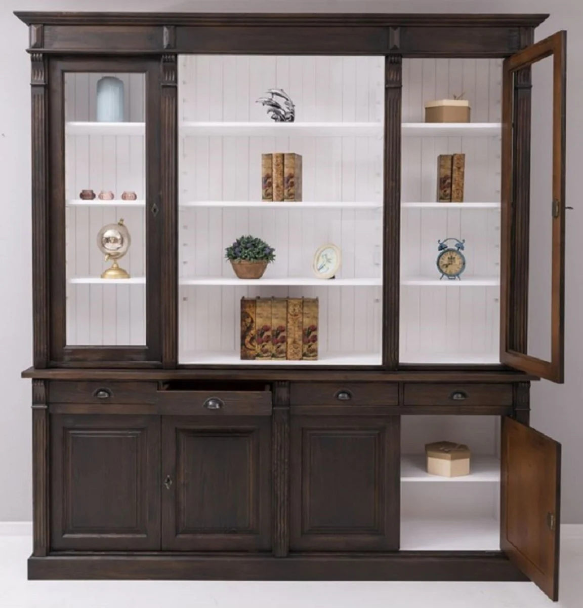 Casa Padrino armario de comedor estilo campestre marr¨®n oscuro / blanco 223 x 51 x A. 240 cm - Armario de madera maciza - Armario de cocina - Muebles de comedor estilo campestre