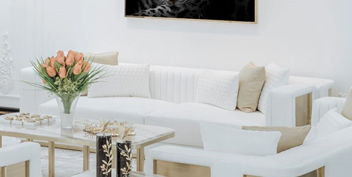 Casa Padrino sof¨¢ de lujo blanco / oro 290 x 98 x A. 72 cm - Sof¨¢ de sal¨®n - Sof¨¢ de hotel - Muebles de sal¨®n - Muebles de hotel - Muebles de lujo - Interiores de lujo