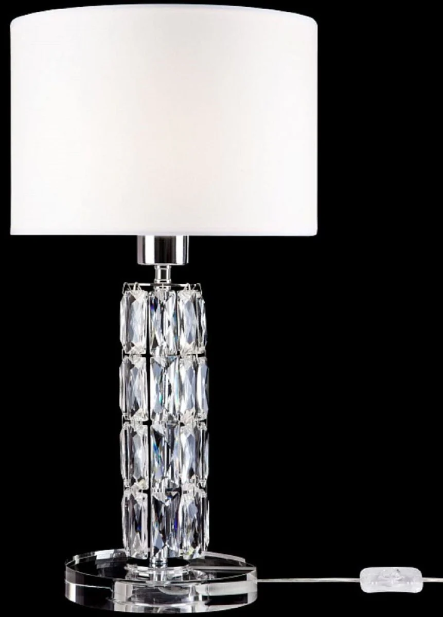 Casa Padrino lámpara de mesa de diseño plata / blanco Ø 25 x A. 44,5 cm - Lámpara de escritorio moderna de metal con elegantes elementos de vidrio y pantalla redonda