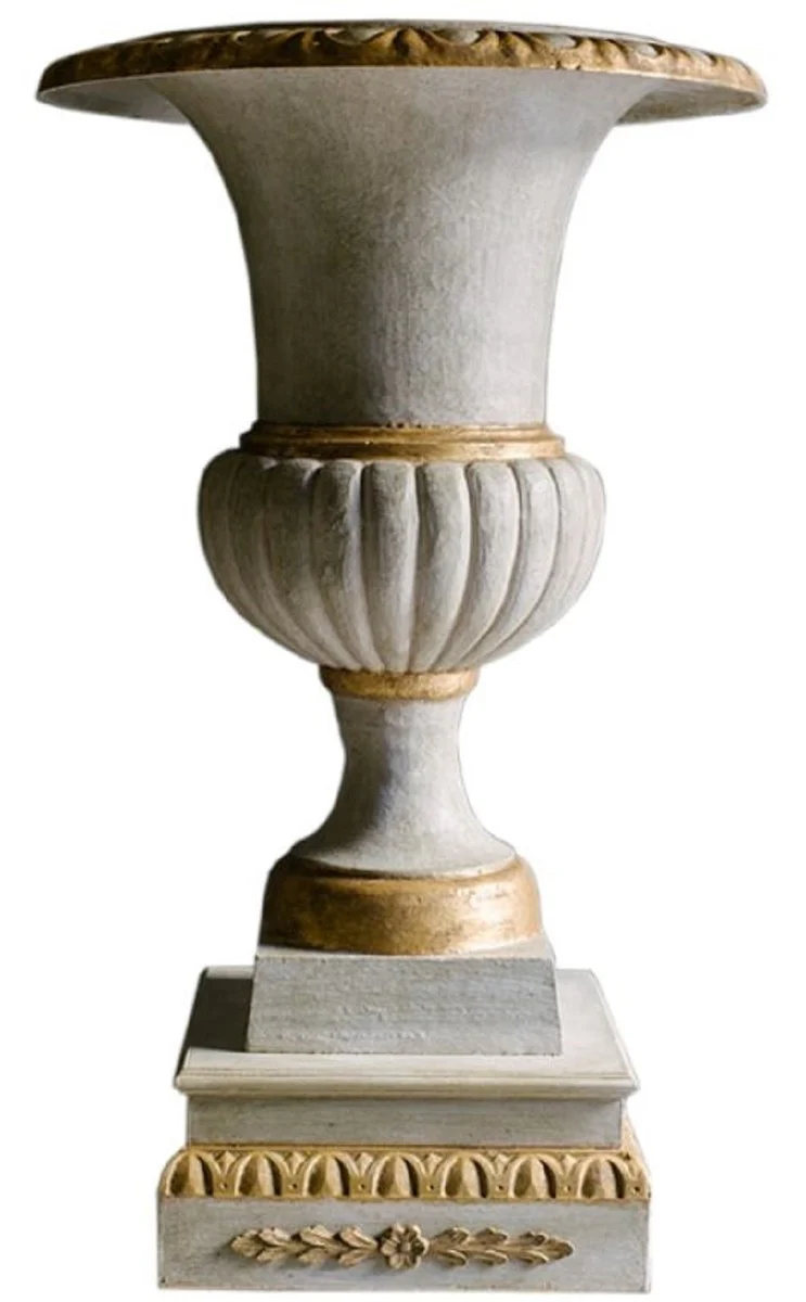 Casa Padrino jarrón barroco de hierro fundido con pedestal blanco / oro Ø 55 x H. 78 cm - Magnífica Decoración de Jardín en Estilo Barroco
