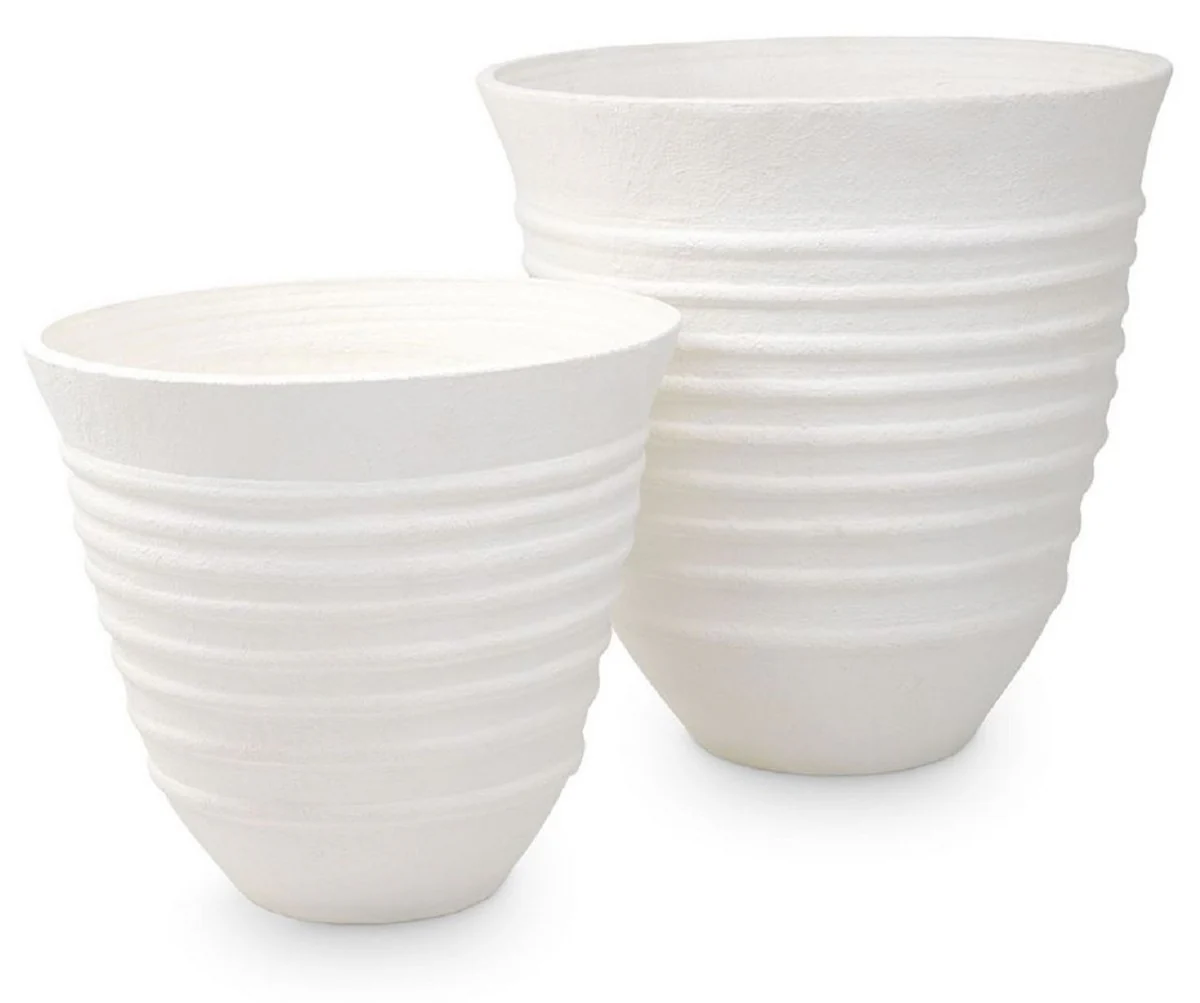 Casa Padrino conjunto de floreros de arcilla de lujo blanco - 2 Jarrones decorativos redondos hechos a mano - Decoración Salón - Decoración Jardín - Accesorios de Decoración