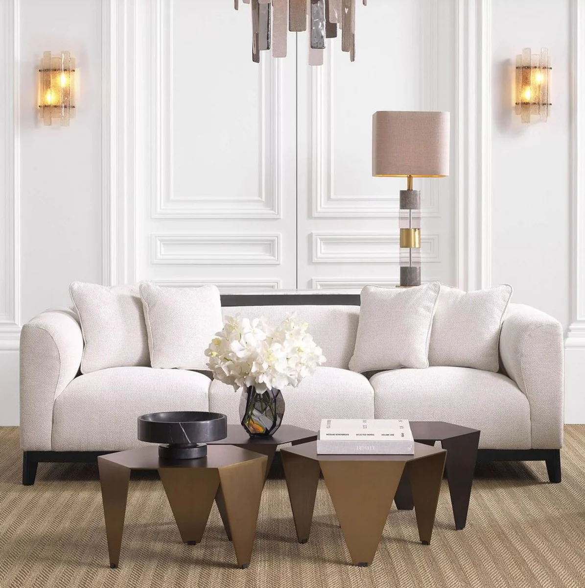 Casa Padrino lámpara de mesa de lujo latón antiguo / blanco / beige 35 x 35 x A. 87 cm - Lámpara de escritorio con mármol y cristal - Calidad de Lujo