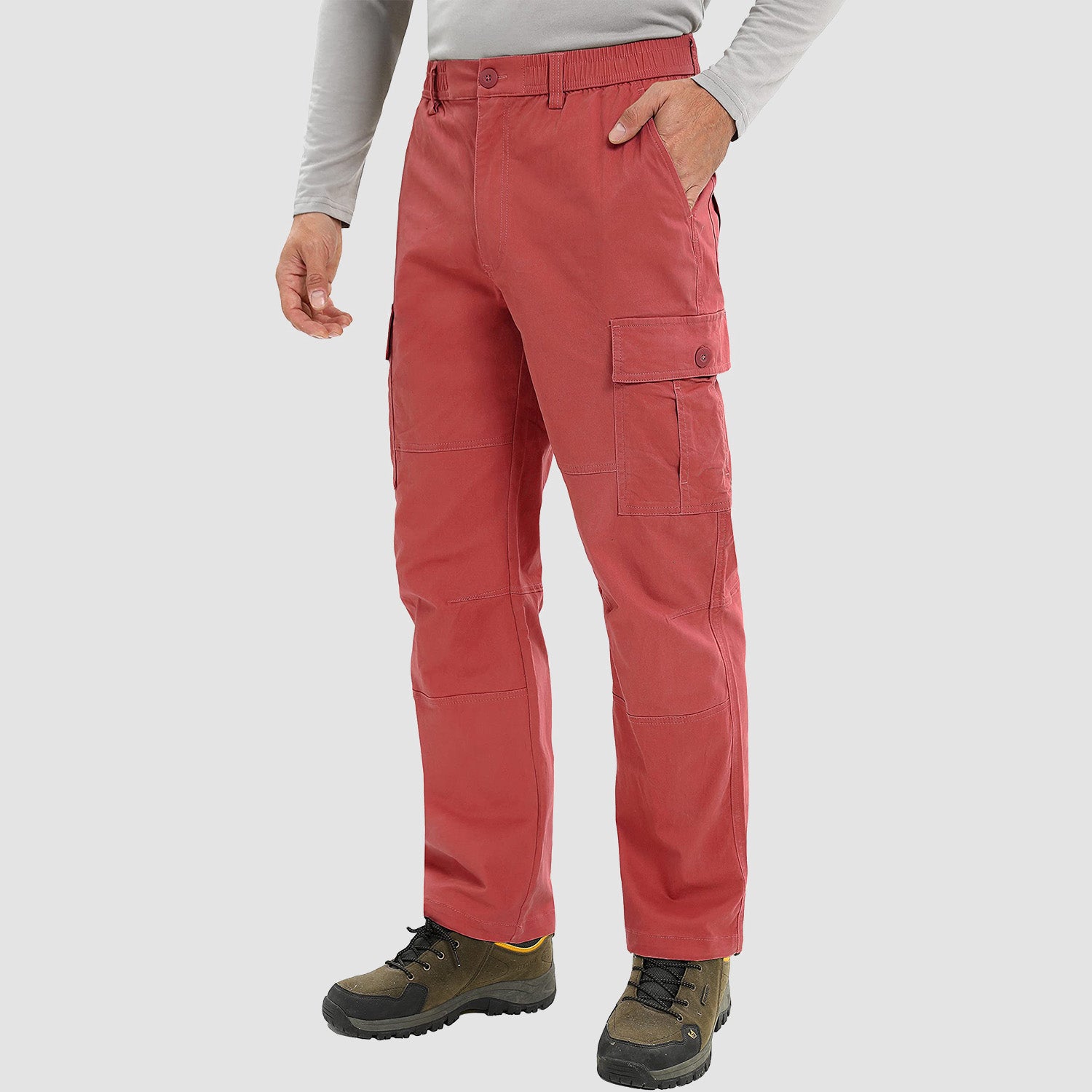 Men's Outdoor Cargo Pants Straight Fit with 6 Pockets Elastic Waist Fishing Travel Work Pants