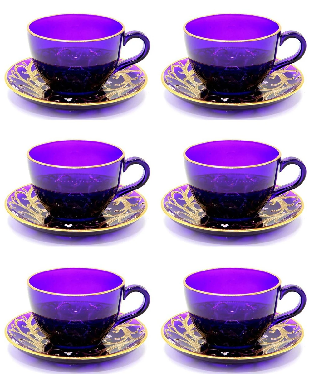 Casa Padrino conjunto de tazas de caf¨¦ / t¨¦ barrocos de lujo de 6 p¨²rpura / oro - Tazas hechas a mano y pintadas a mano con platillos - Accesorios para Hoteles y Restaurantes - Calidad de Lujo