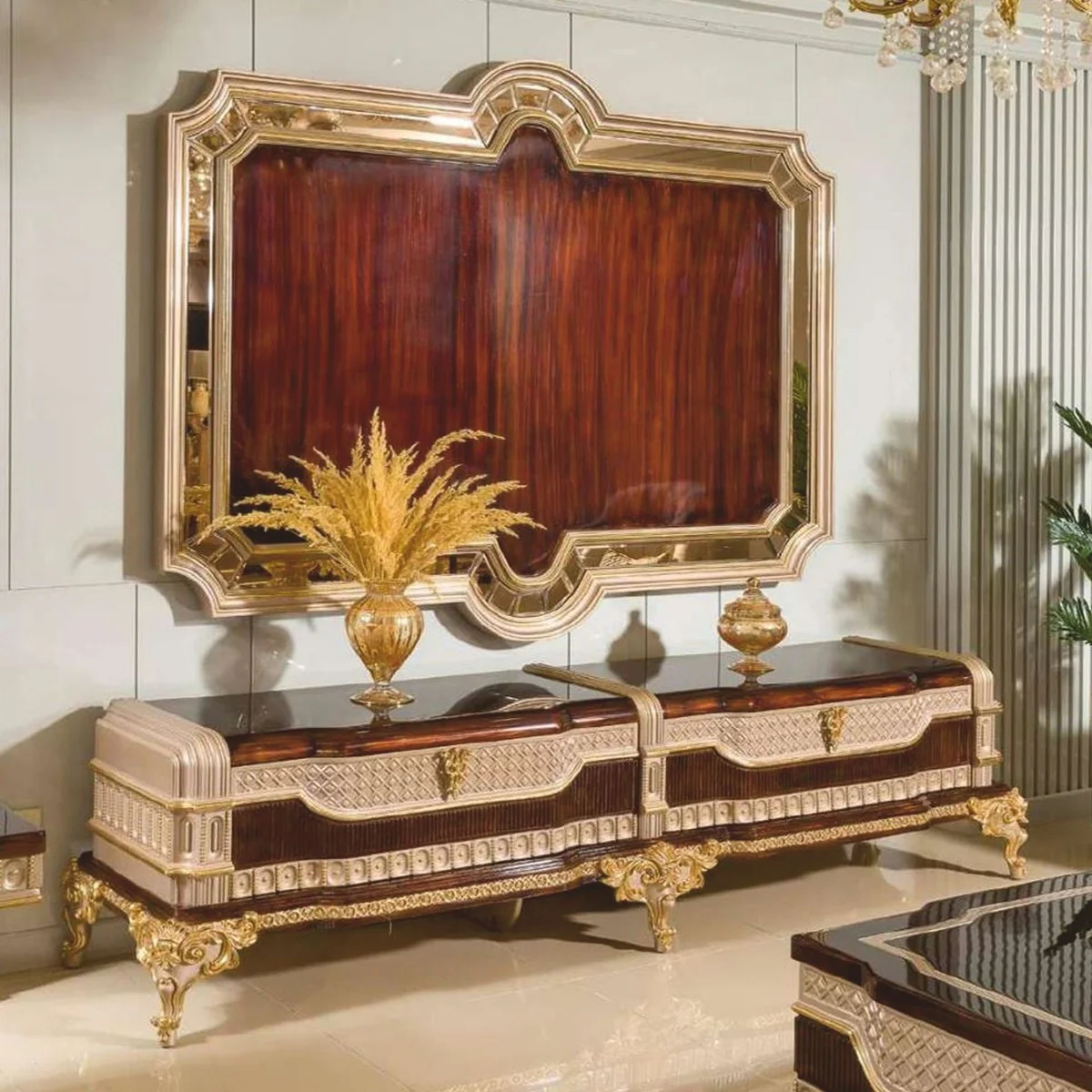 Casa Padrino Armario de TV Barroco de Lujo con Panel Trasero Marrón Oscuro / Gris / Oro - Muebles Barrocos