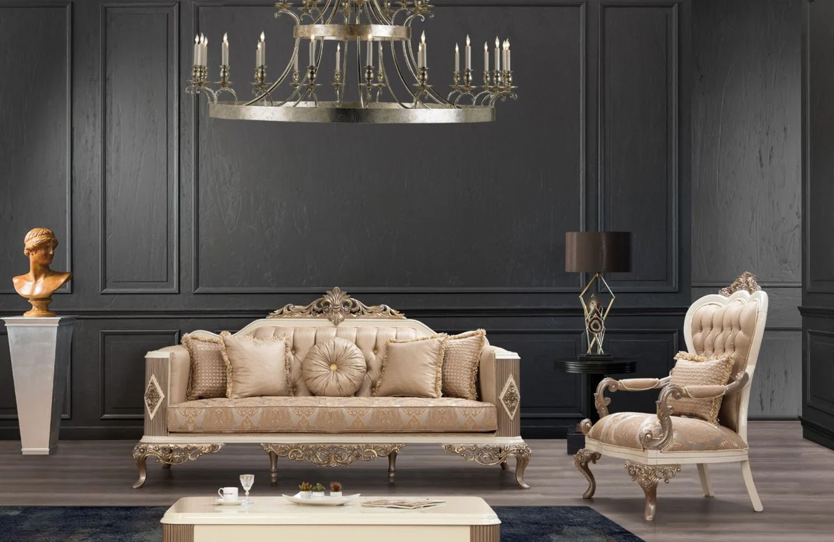 Casa Padrino conjunto de sala de estar barroco de lujo marr¨®n / blanco / oro - 2 Sof¨¢s y 2 Sillones y 1 Mesa de Centro - Muebles de Sal¨®n Barrocos Adornados