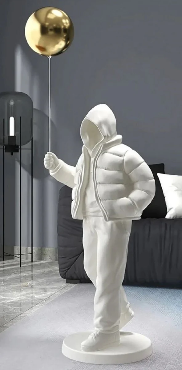 Casa Padrino escultura decorativa XXL de diseño de lujo niño con globo blanco / oro A. 68 cm - Figura decorativa XXL de resina - Accesorios decorativos de diseño de lujo - Calidad de lujo