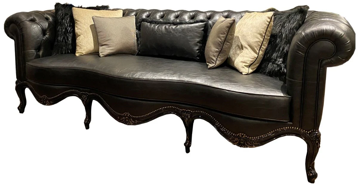 Casa Padrino sof¨¢ de cuero barroco Chesterfield de lujo negro 250 x 95 x A. 83 cm - Sof¨¢ de sal¨®n de cuero real en estilo barroco - Noble y Magn¨ªfico