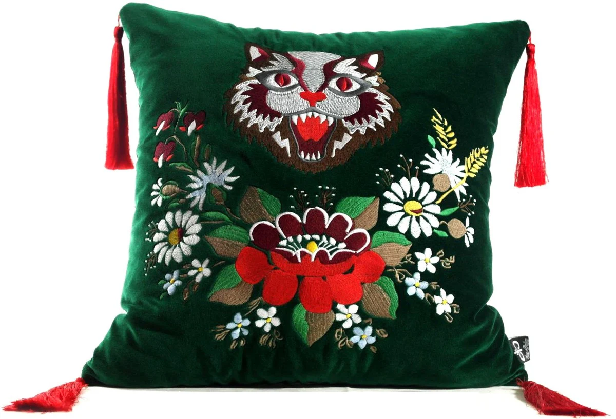 Casa Padrino almohada de lujo con borlas gato verde / multicolor 45 x 45 cm - Tejido de Terciopelo Más Fino - Almohada de la Sala