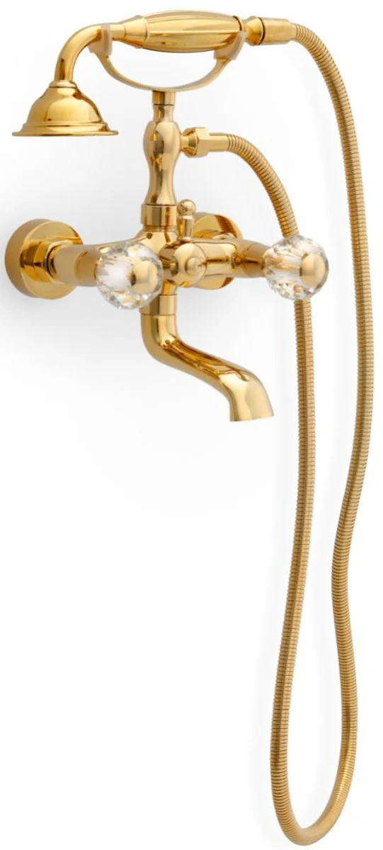 Casa Padrino mezclador de bañera art nouveau de lujo con manguera y ducha de mano oro - Grifo de Bañera con Cristal - Accesorio de Baño Nostálgico