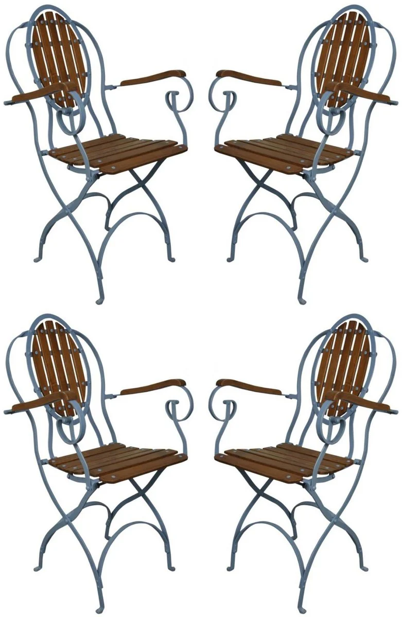 Casa Padrino conjunto de 4 sillas de jard¨ªn Art Nouveau con reposabrazos azul claro / marr¨®n oscuro - Sillas de jard¨ªn plegables Art Nouveau - Muebles de jard¨ªn nost¨¢lgicos - Muebles gastronom¨ªa