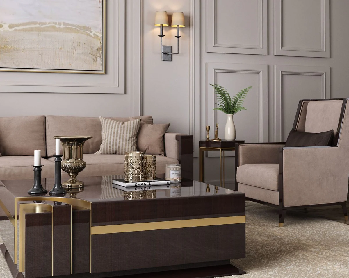 Casa Padrino sill¨®n de terciopelo Art Deco de lujo beige / marr¨®n oscuro alto brillo / oro 75 x 75 x A. 105 cm - Sill¨®n de sal¨®n noble - Muebles Art Deco de Lujo